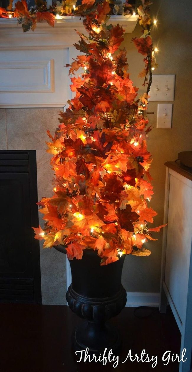 Illuminated Fall Leaves In Urn