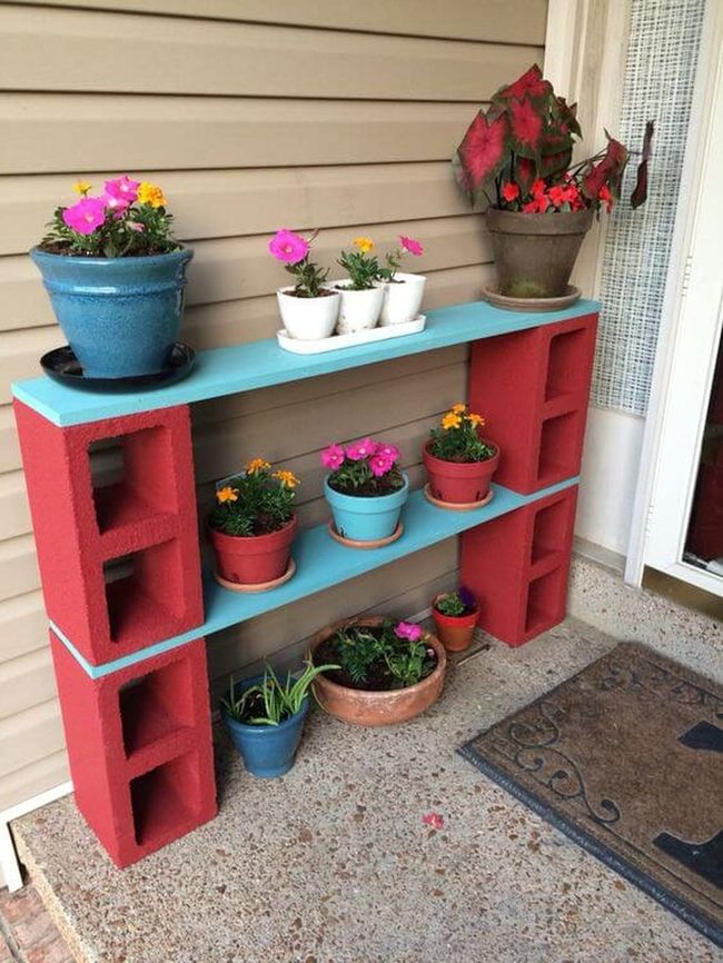 Red And Turquoise Cinder Block Shelves