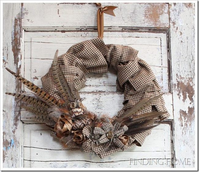 Brown Checkered Autumn Wreath With Feathers