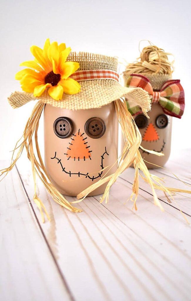 Jar Scarecrows With Earthy Buttons