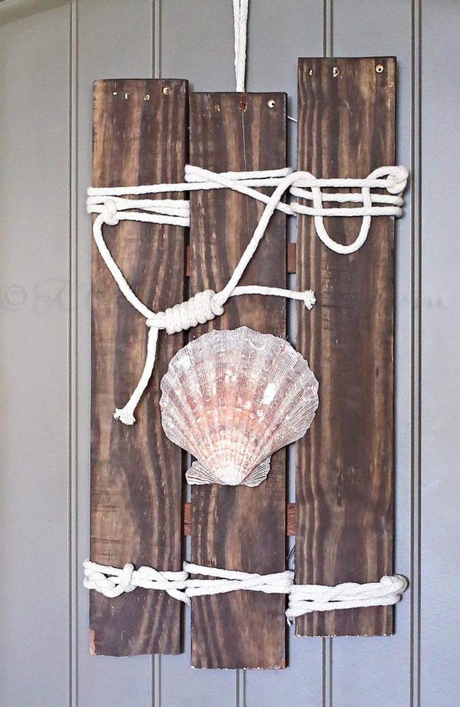 Rope-Wrapped Seashells On Dark Wood