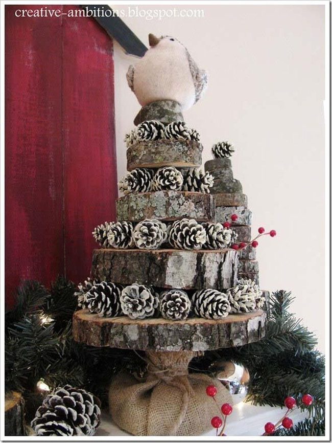 Natural Wood Slice Tree With Pinecones