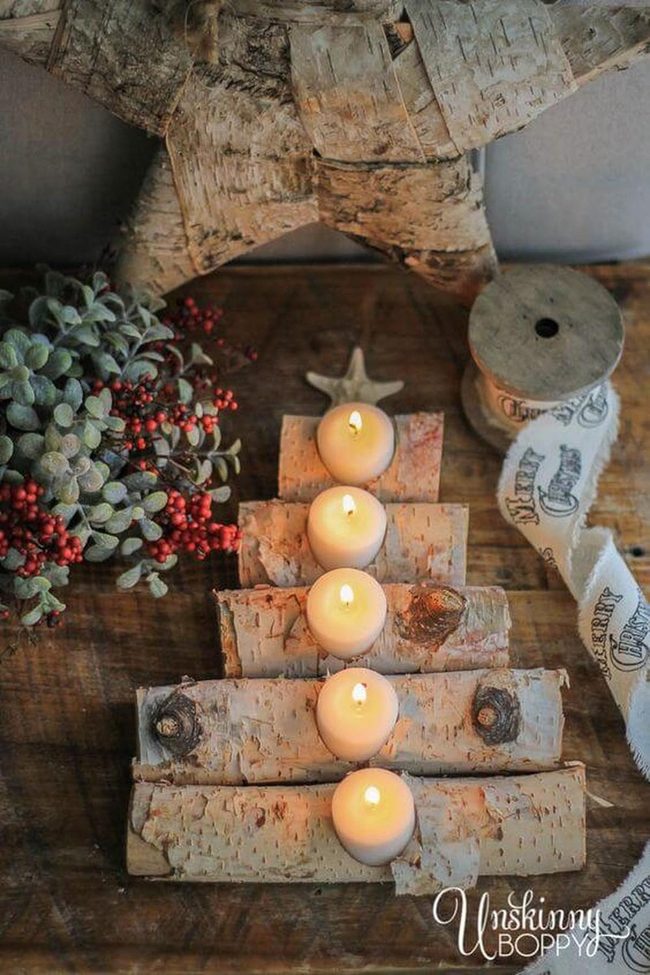 Birch Log Tree With Candlelight