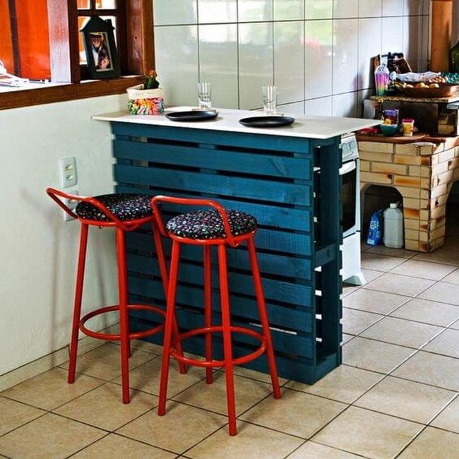 Deep Blue Wood Bar With Red Stools