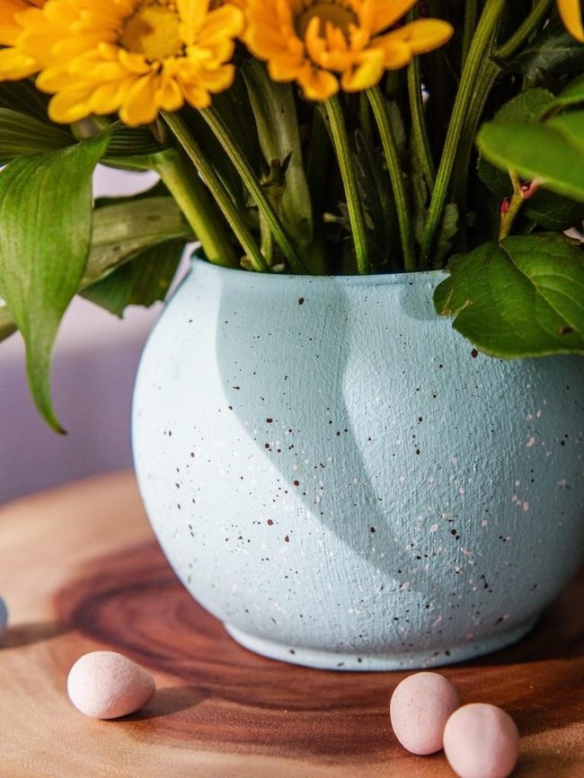 Sunlit Yellow Blooms Blue Pottery