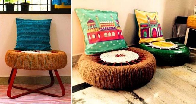 Painted Tire Ottomans With Rope
