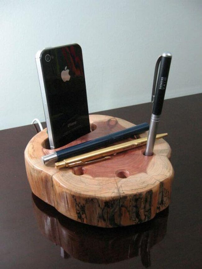 Carved Wood Phone And Pen Organizer