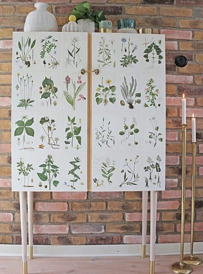 White Cabinet Botanical Illustration Gold Legs