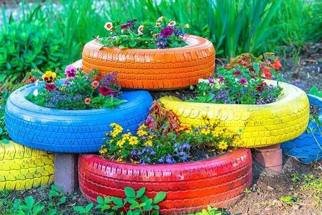 Painted Tires Bursting With Blooms