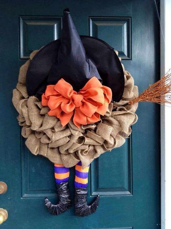 Black Witch Hat Orange Bow Wreath