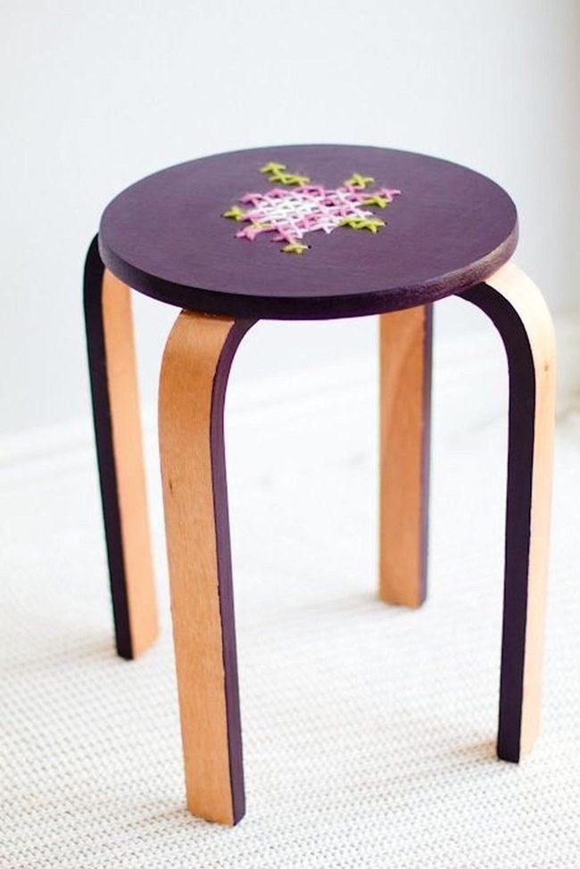 Purple Stitched Wooden Stools