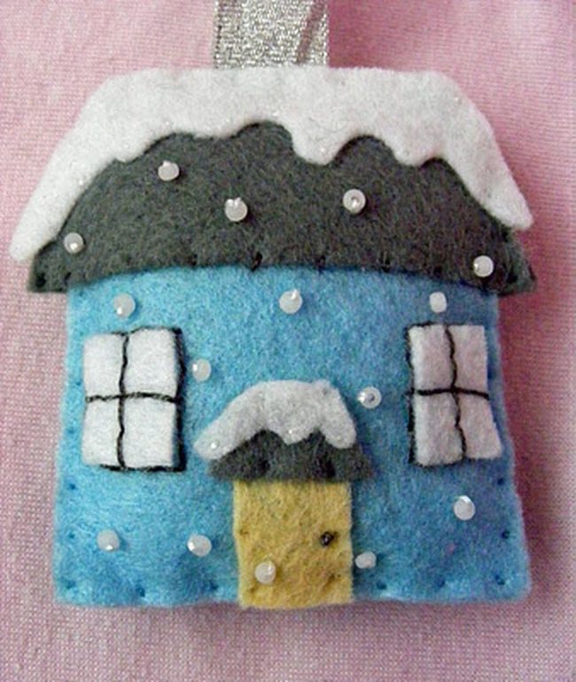 Blue Felt Winter House Ornament