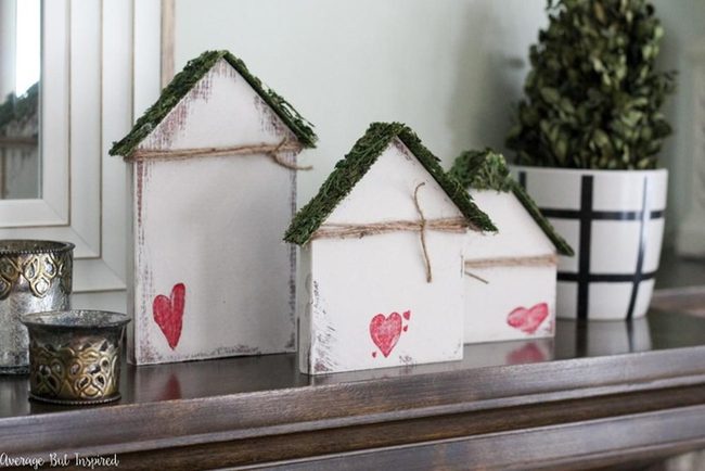 Weathered Wood Houses Red Hearts