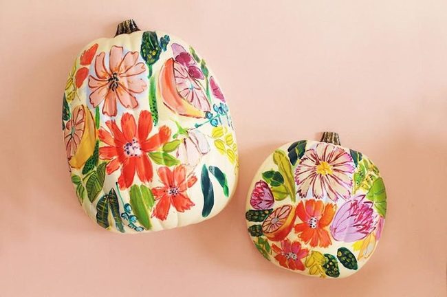 Hand-Painted Flower Pumpkins In Jewel Tones