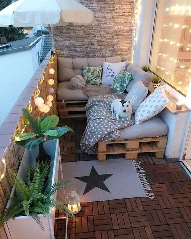 Wooden Pallets, String Lights, Green Plants
