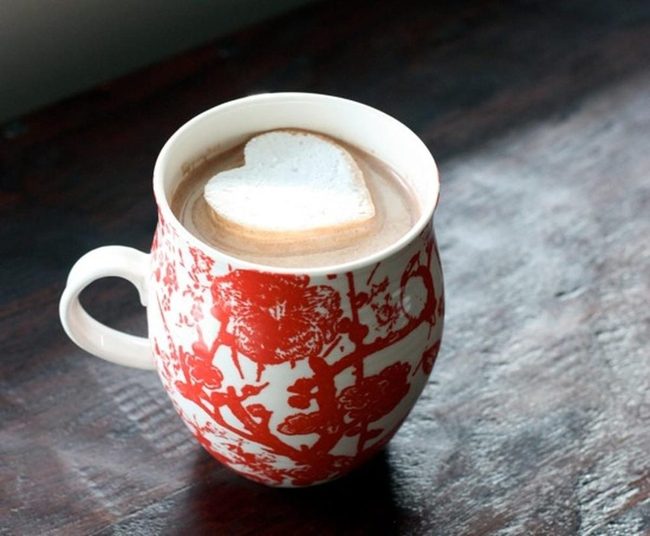 Red Heart Latte On Dark Wood