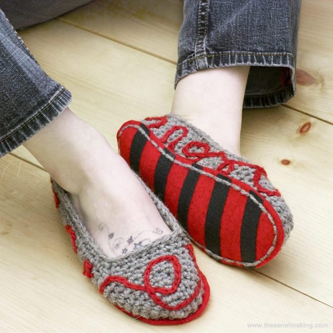 Gray Knit Slippers Red Striped Soles