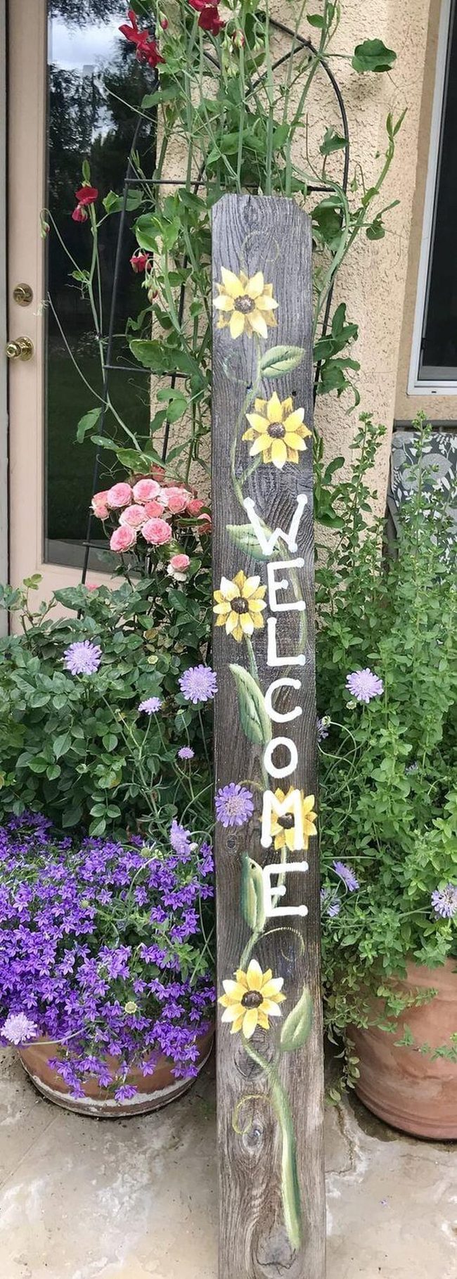 Hand-Painted Sunflowers On Weathered Wood
