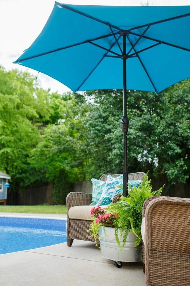 Blue Umbrellas Pink Flowers Paradise