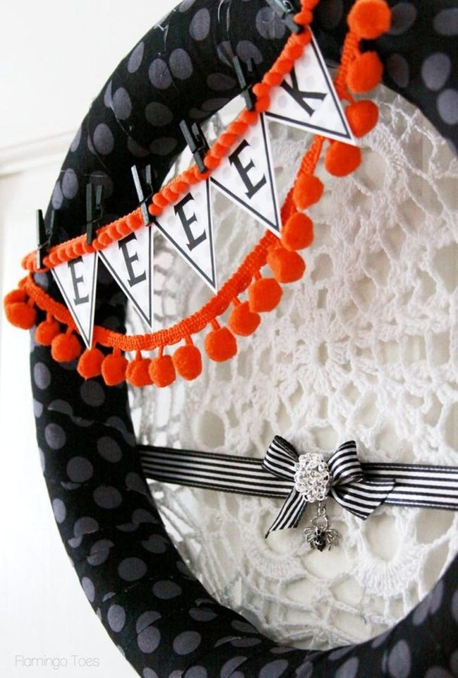 Orange Pom-Poms Halloween Wreath