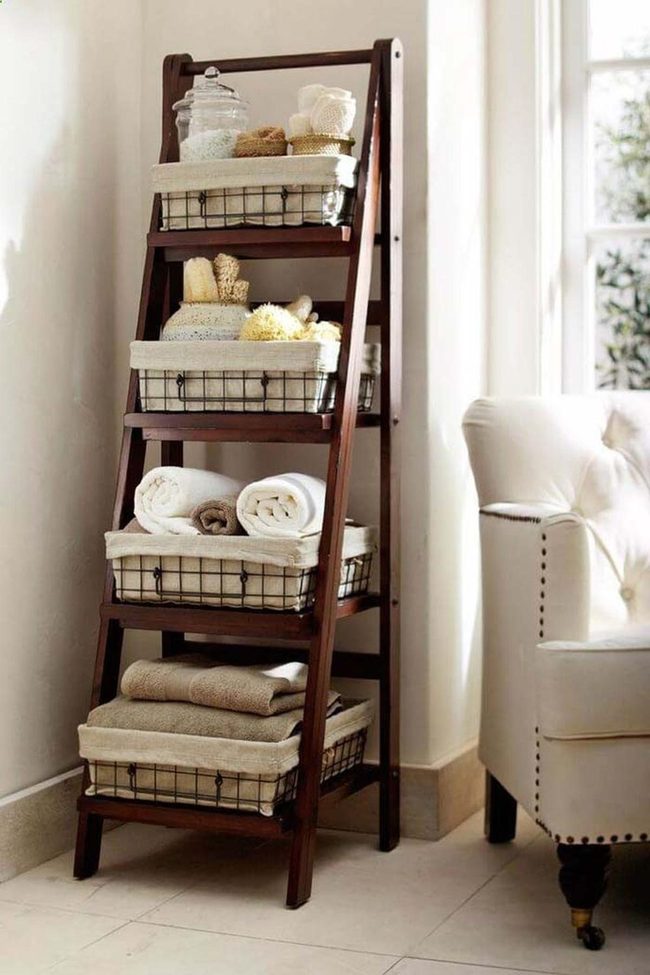Dark Wood Ladder Storage Baskets