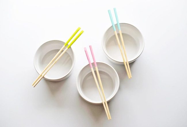 Colored Chopstick Tips White Bowls