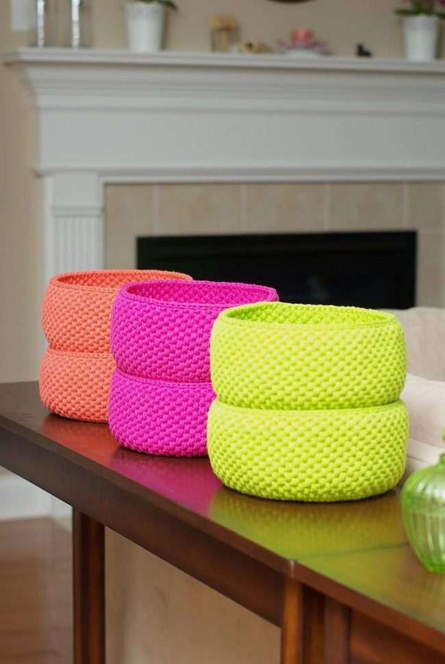 Bright Woven Baskets On Dark Wood