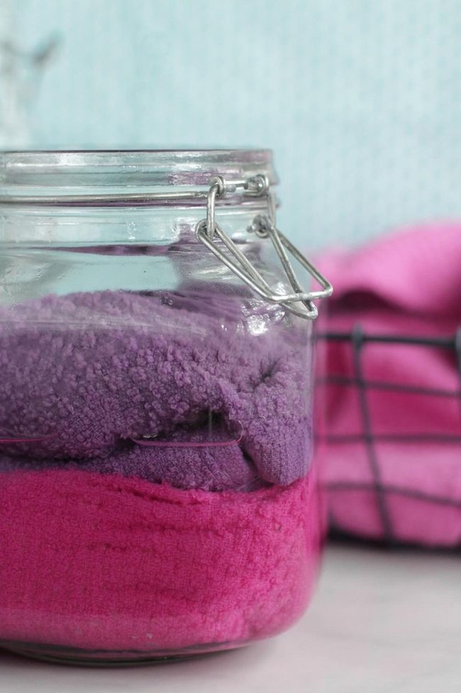 Pink Purple Towels Light Blue Walls