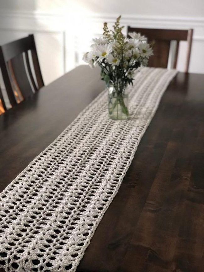 Dark Wood Table White Crochet Runner