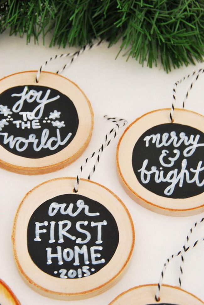 Round Wood Ornaments Black Lettering