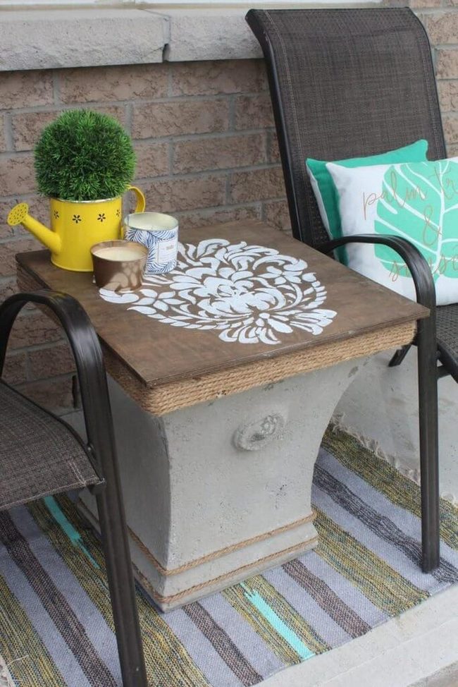 Stenciled Wood Top With Twine Wrapped Edges