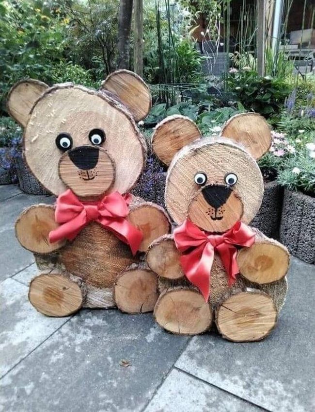 Wooden Bears Red Bows Garden