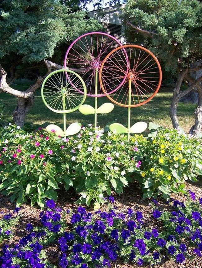 Painted Bicycle Wheels Garden Art