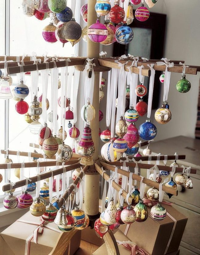 Striped Ornaments On Natural Wood
