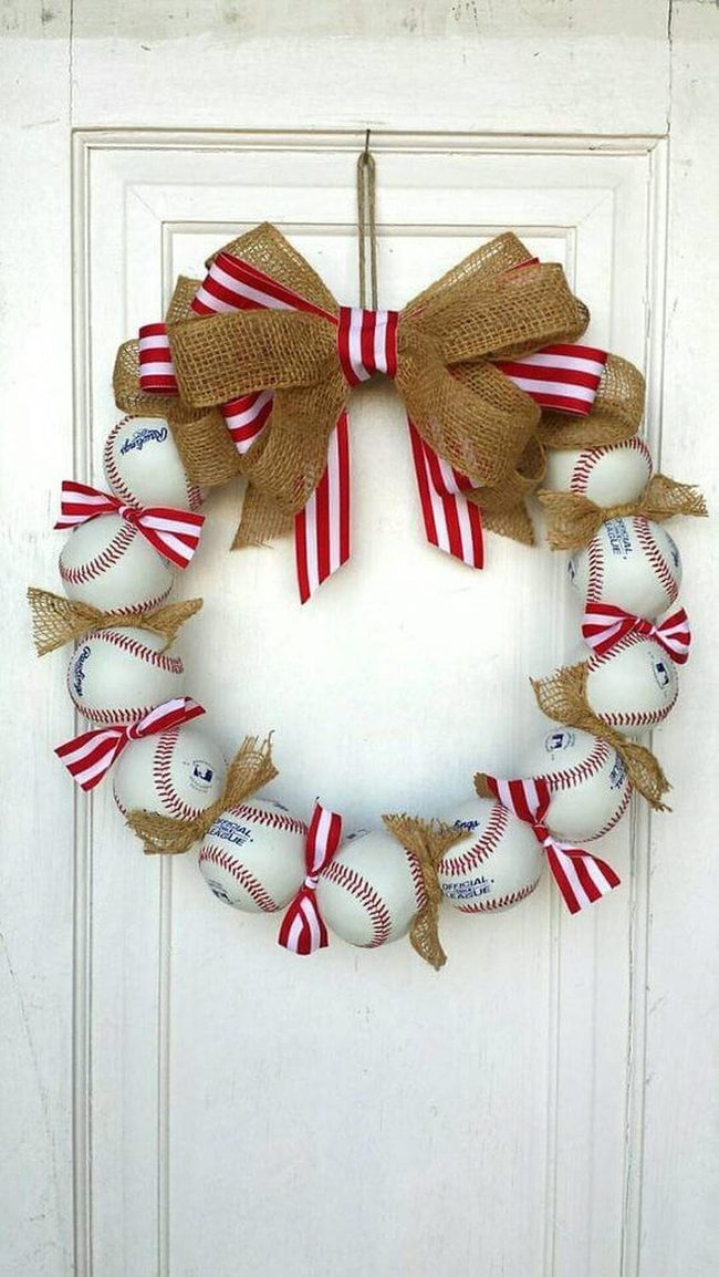 White Baseballs Red Ribbon Wreath