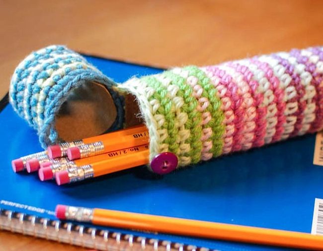 Striped Crochet Pencil Cases With Purple Buttons
