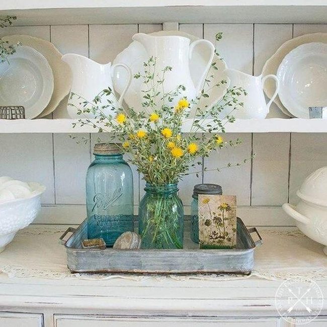 Blue Glass Flowers In Mason Jars
