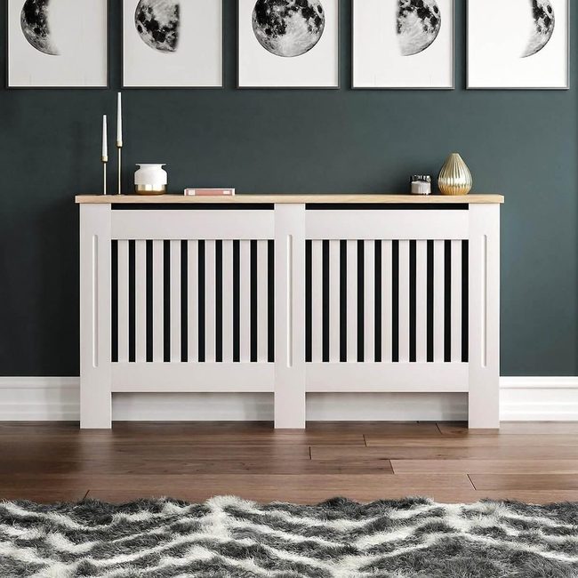White Slatted Radiator Cover With Display Shelf