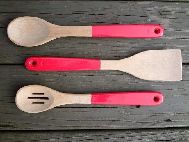 Red-Dipped Wooden Kitchen Utensils