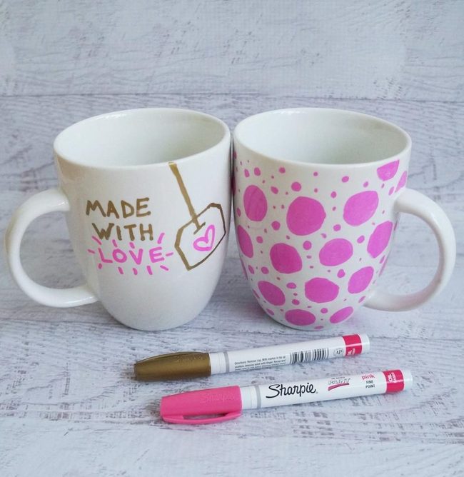 Gold And Pink Hand-Decorated Ceramic Mugs