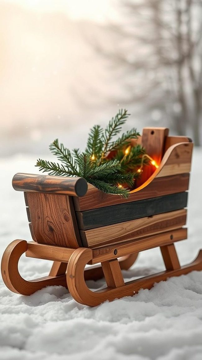 Red Wood Sleigh with Pinecones