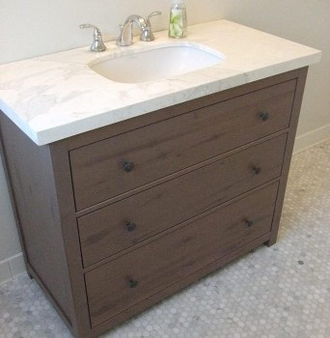 Natural Wood Vanity With White Marble
