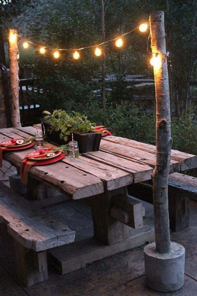 Vintage Wood Patio With Overhead Lights