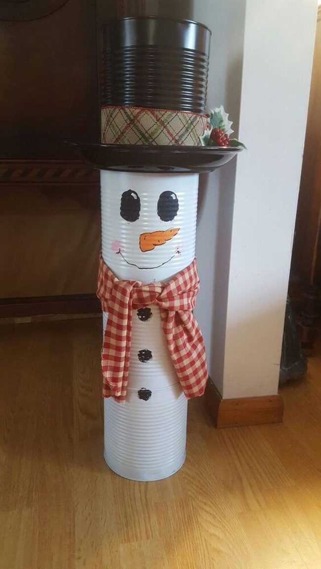 Tin Can Snowman With Plaid Scarf