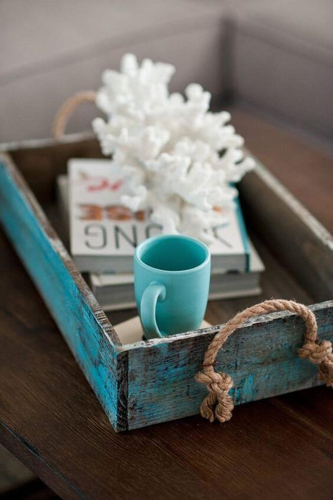 Turquoise Wood Tray With Rope Handles