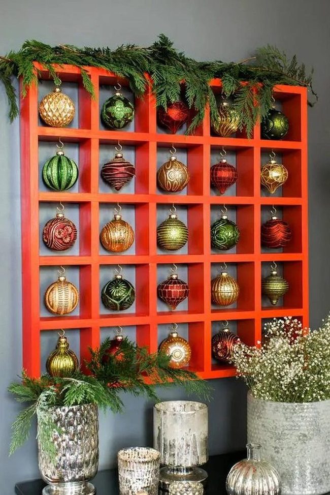 Red Wood Grid Festive Wall