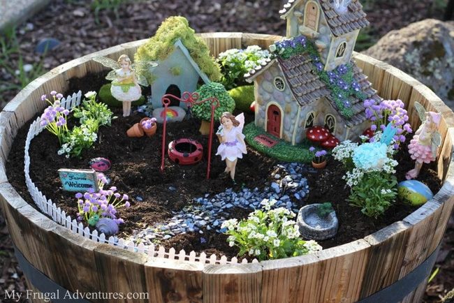 Wooden Barrel Fairy Garden