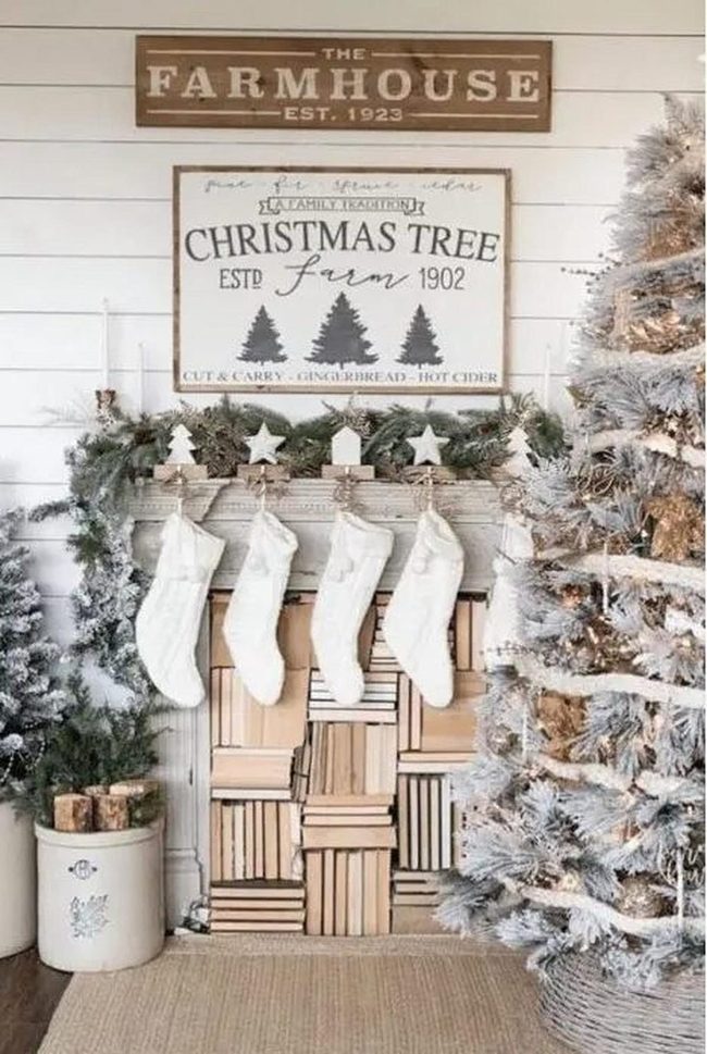 Frosted Tree With Farmhouse Mantel