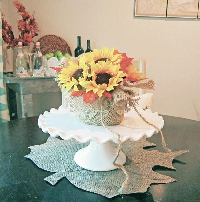Yellow Sunflowers, Burlap Vase, Wood Table