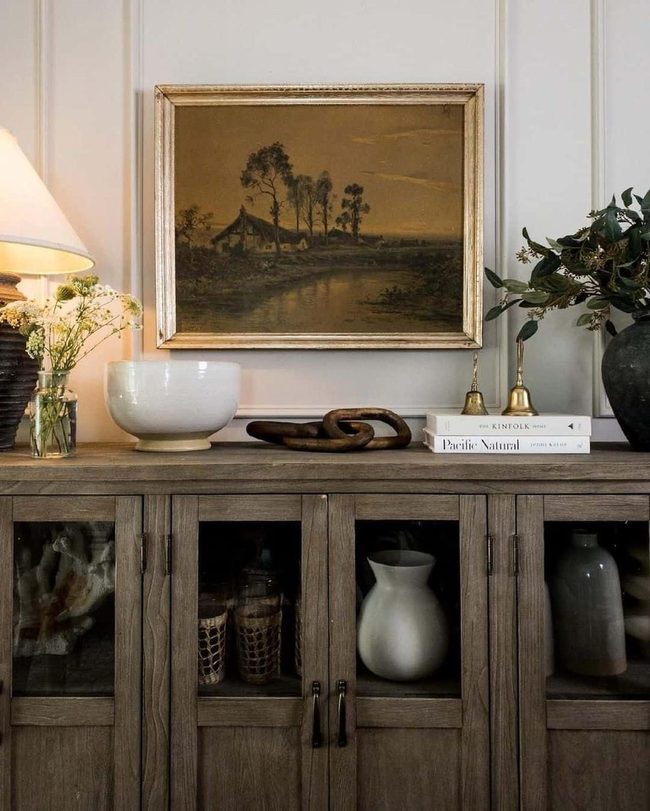Dark Wood Sideboards White Walls Gold Accents